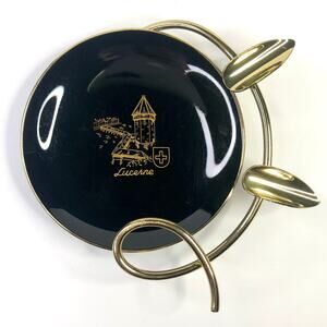Vintage MCM Lucerne Swiss Ceramic Ashtray Brass Wire Stand Tobacciana Souvenir